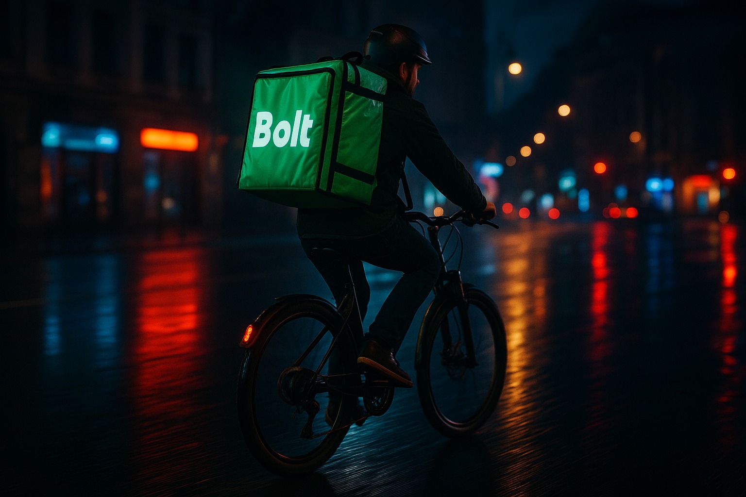 Delivery rider on electric bike with neon city lights